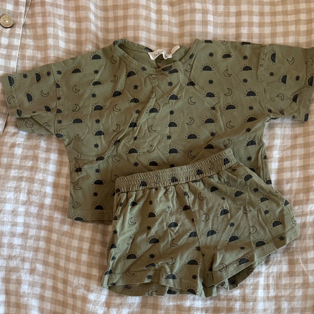 Kids Two-Piece Matching Set in Olive with Sun & Moon Print